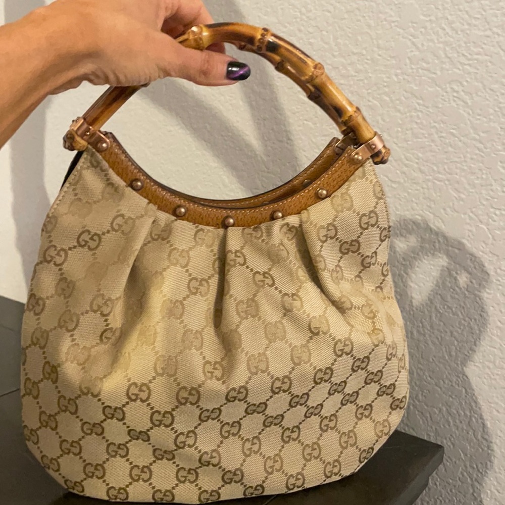 Authentic Gucci  GG canvas Bamboo top handle purse